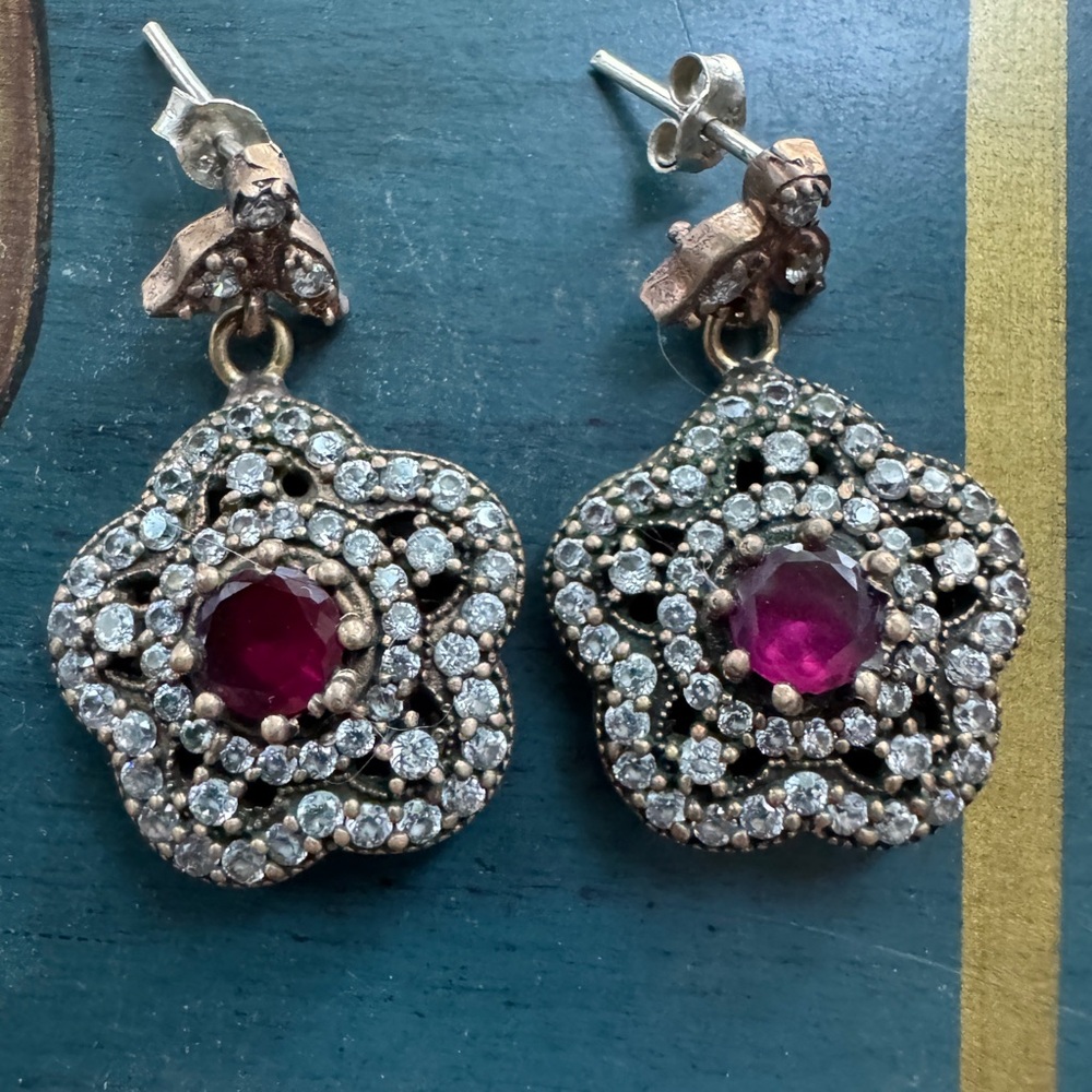 Vintage Turkish Natural Ruby and Zircon Sterling Earrings